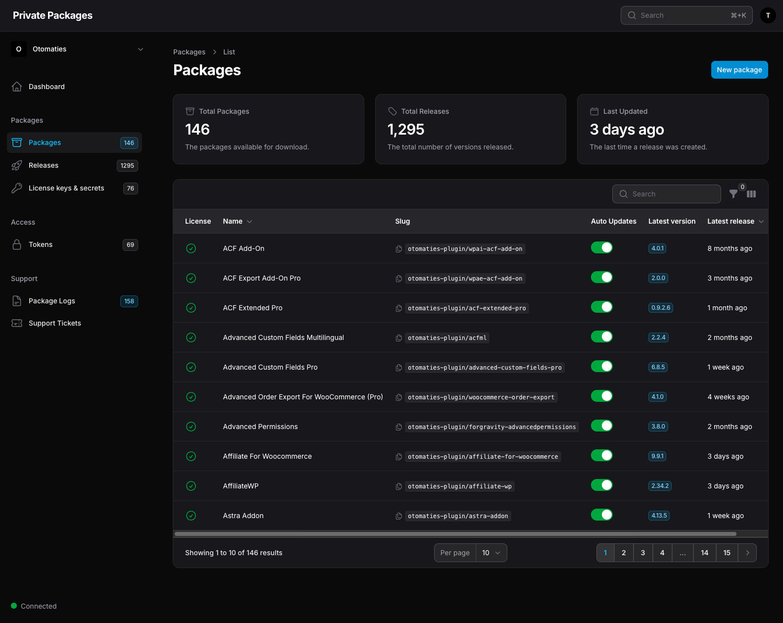 Filament packages list dashboard